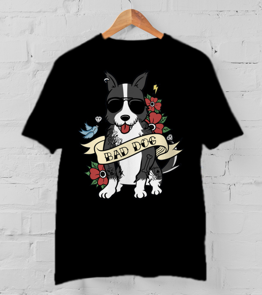 Border Collie Bad Dog Tattoo Style With Sunglasses And Flowers T-Shirt