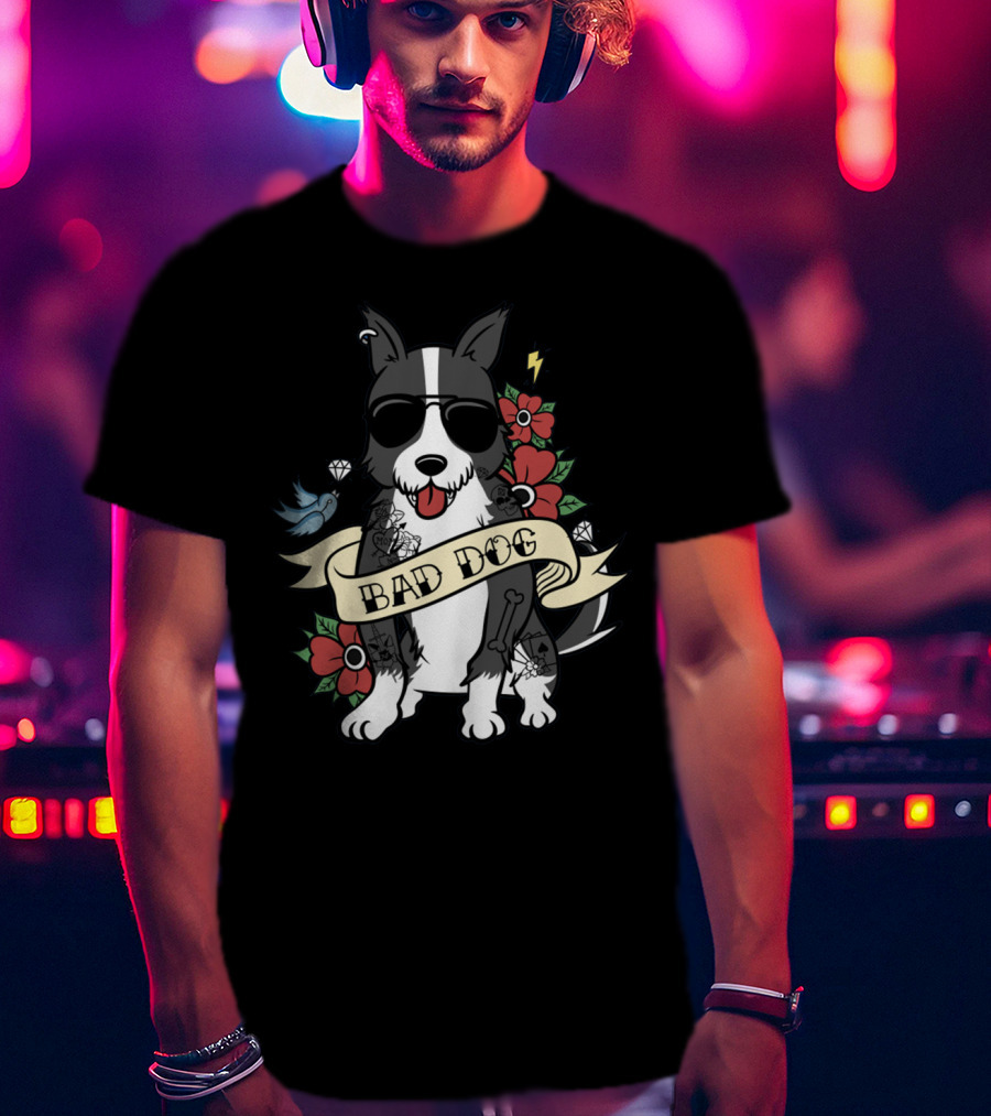 Border Collie Bad Dog Tattoo Style With Sunglasses And Flowers T-Shirt