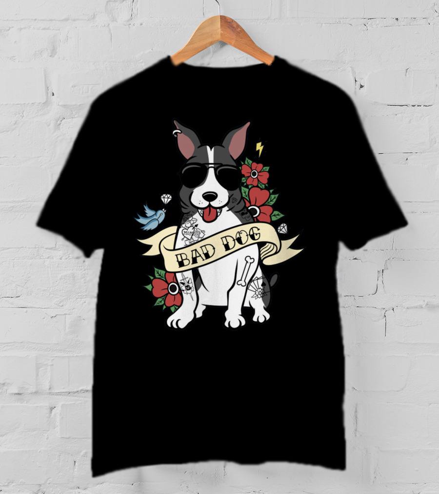 Bad Dog Boston Terrier With Tattoos And Sunglasses Floral And Lightning T-Shirt