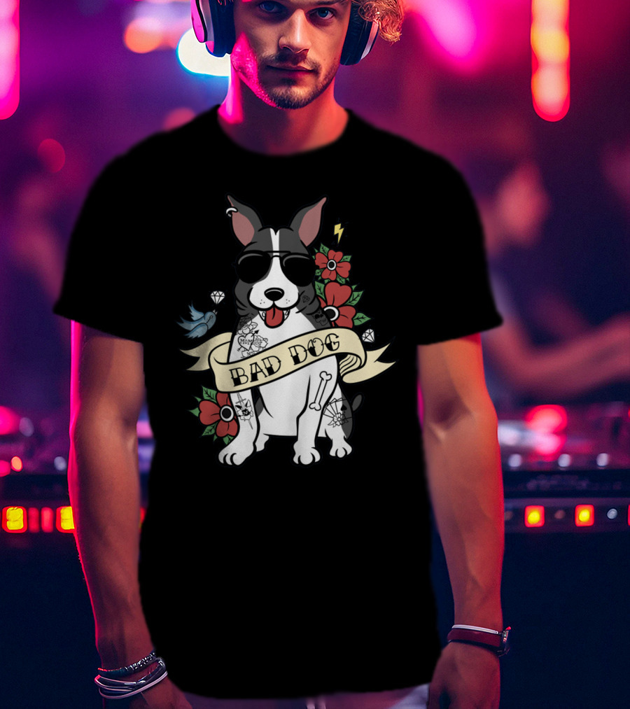 Bad Dog Boston Terrier With Tattoos And Sunglasses Floral And Lightning T-Shirt