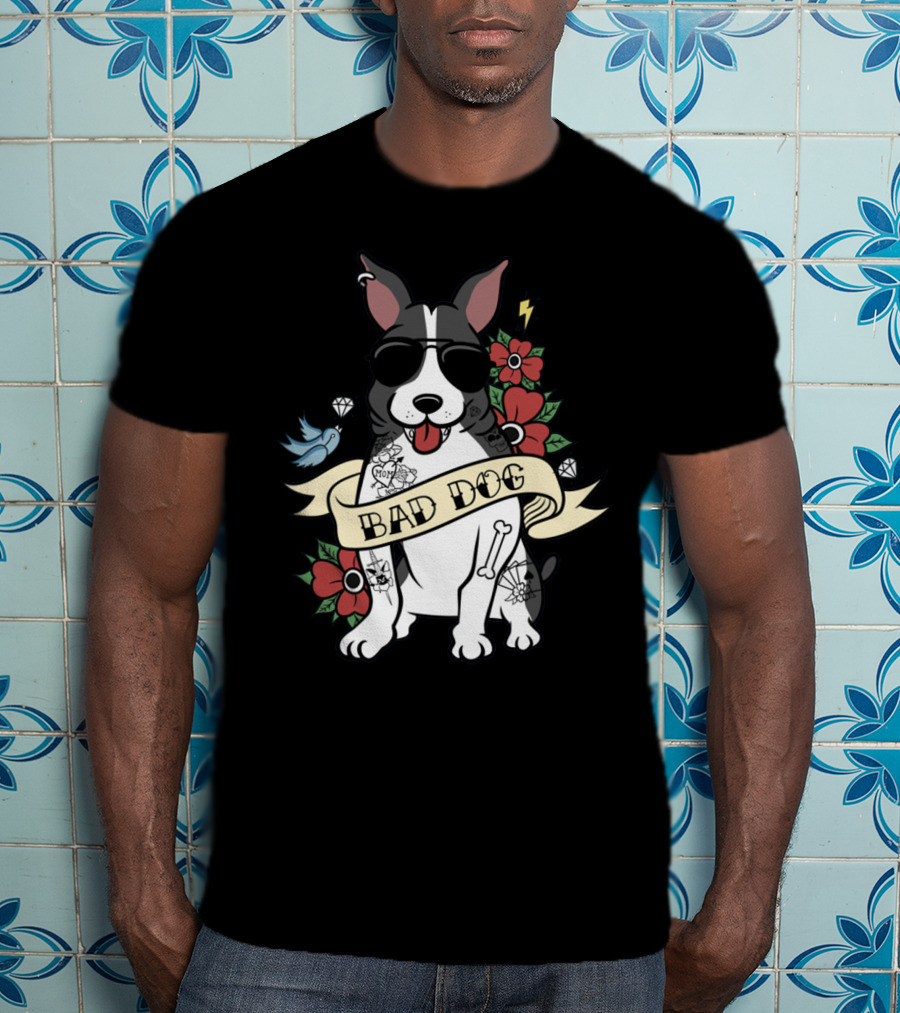 Bad Dog Boston Terrier With Tattoos And Sunglasses Floral And Lightning T-Shirt
