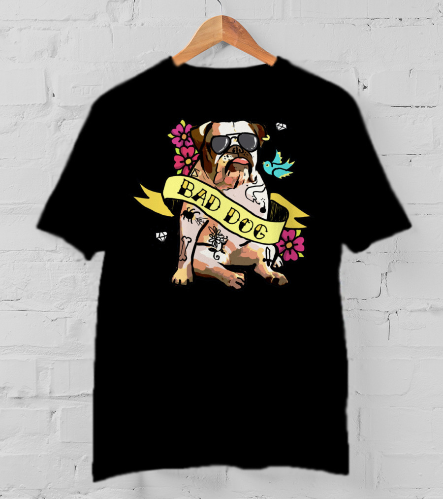 Bad Dog Bulldog With Tattoos And Sunglasses Amidst Flowers And Bluebird T-Shirt