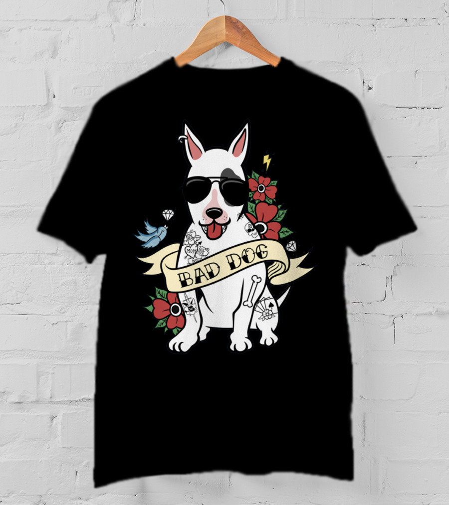 BAD DOG Tattooed Bull Terrier With Sunglasses And Flowers T-Shirt