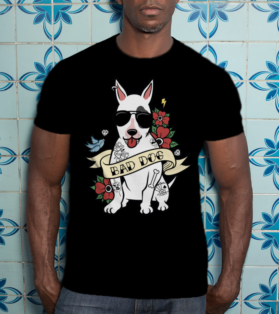 BAD DOG Tattooed Bull Terrier With Sunglasses And Flowers T-Shirt