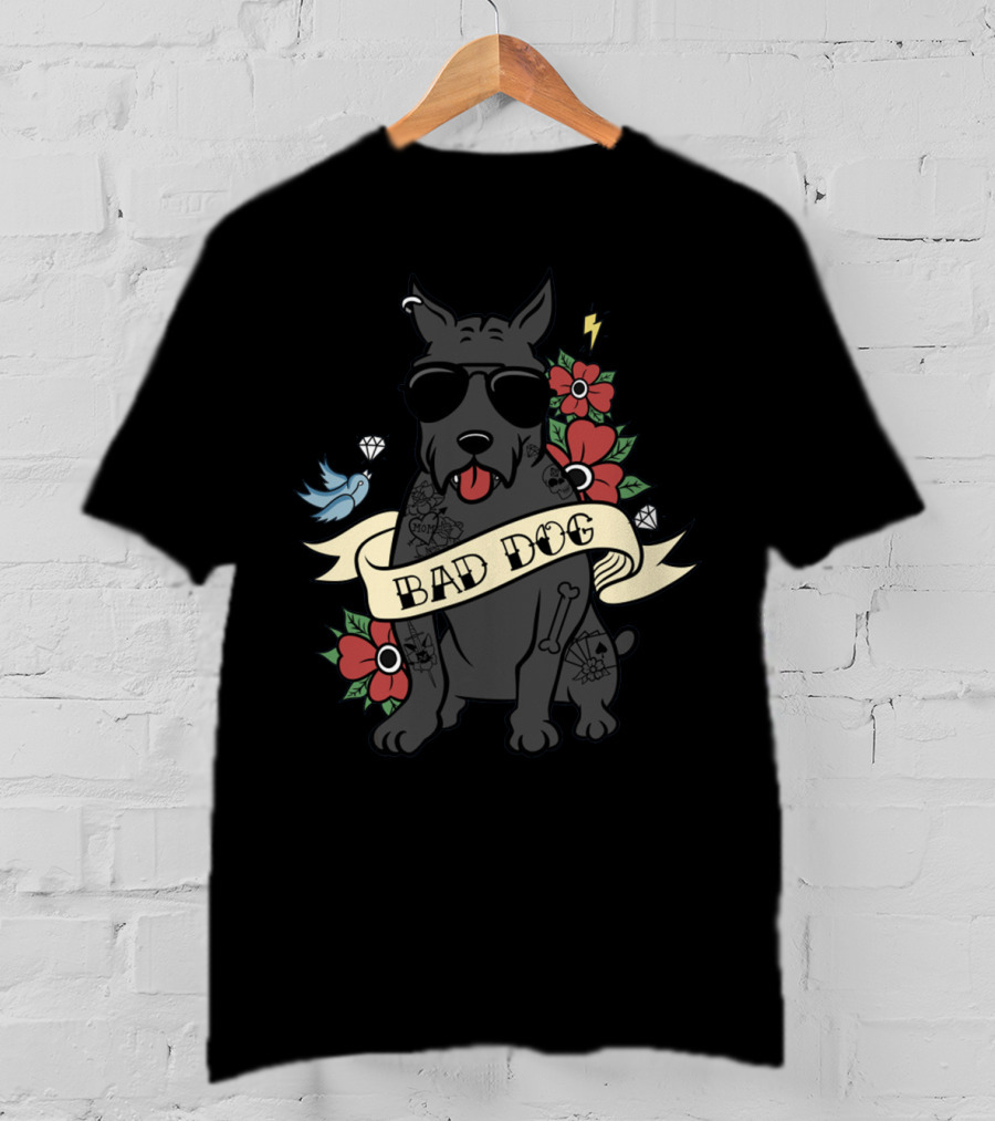 Cane Corso Bad Dog Sunglasses Tattoo Art With Flowers Lightning Bone Banner T-Shirt