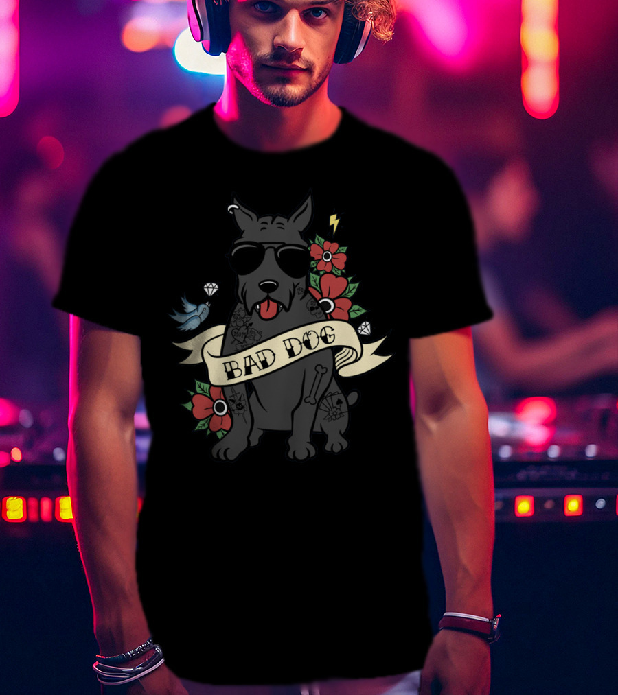 Cane Corso Bad Dog Sunglasses Tattoo Art With Flowers Lightning Bone Banner T-Shirt