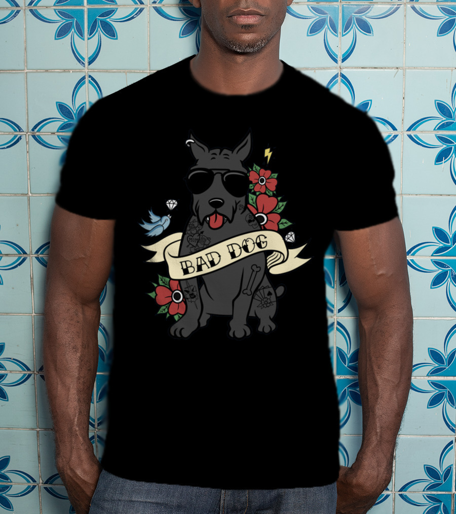 Cane Corso Bad Dog Sunglasses Tattoo Art With Flowers Lightning Bone Banner T-Shirt