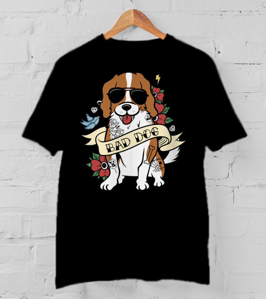 Cavalier Bad Dog With Tattoos And Sunglasses Surrounded By Flowers And Symbols T-Shirt
