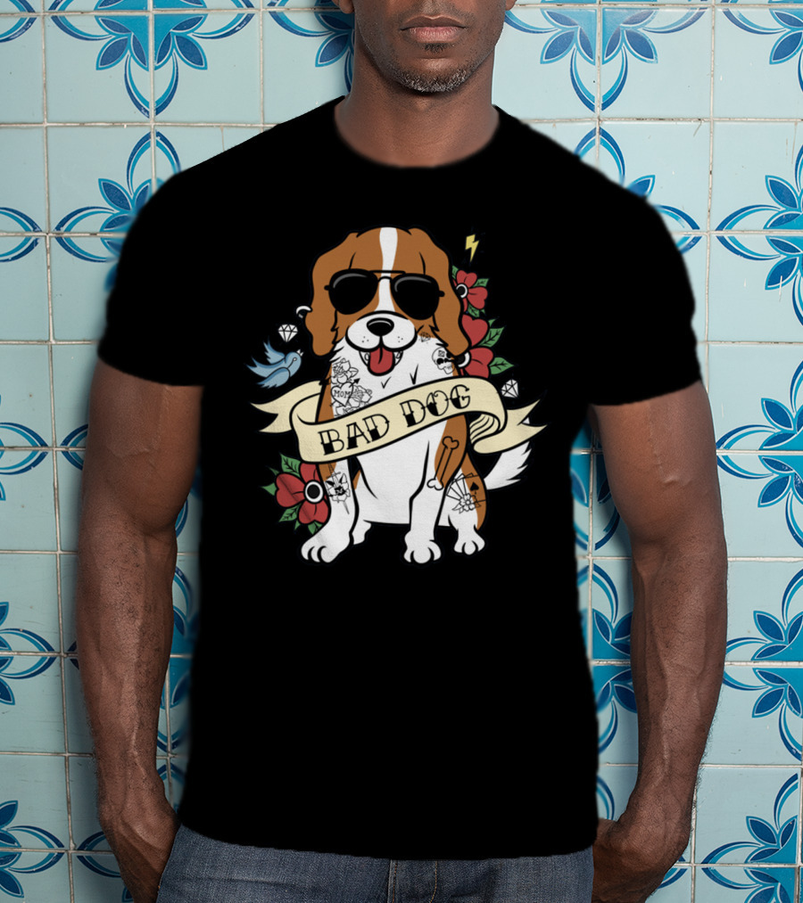 Cavalier Bad Dog With Tattoos And Sunglasses Surrounded By Flowers And Symbols T-Shirt