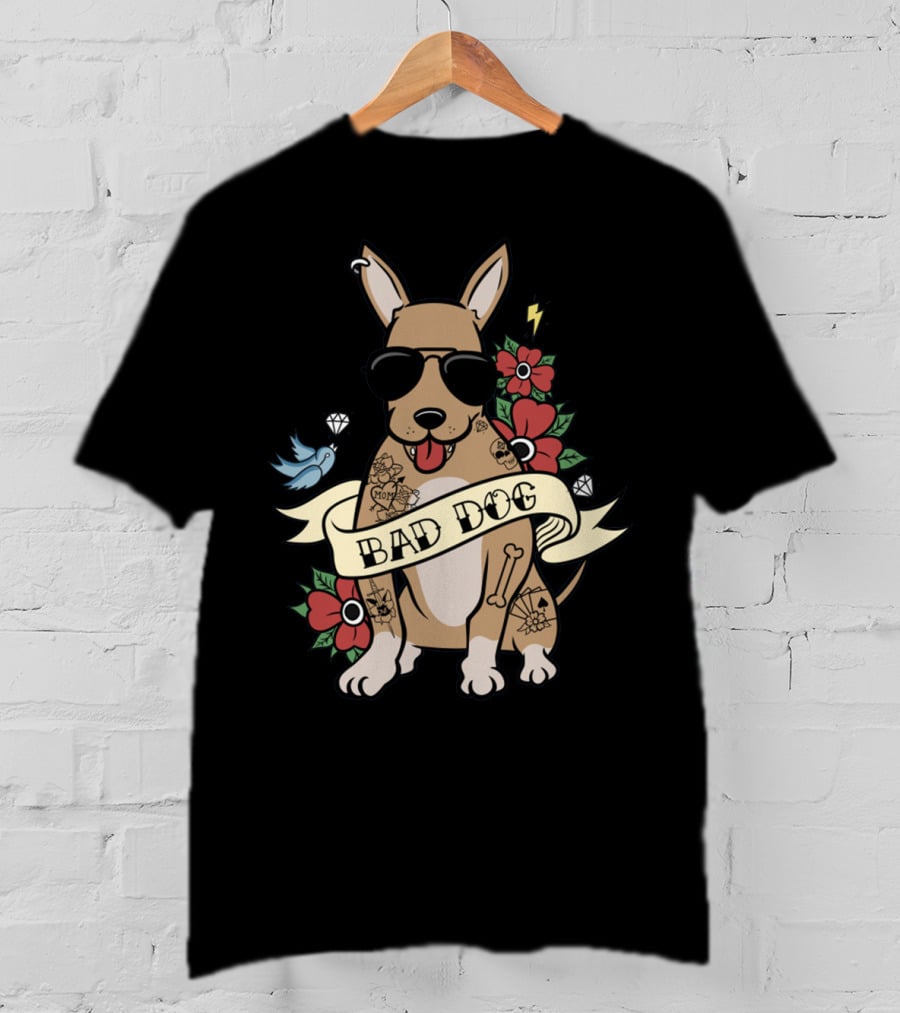 Chihuahua Bad Dog Tattoo Style With Sunglasses Flowers And Bird T-Shirt