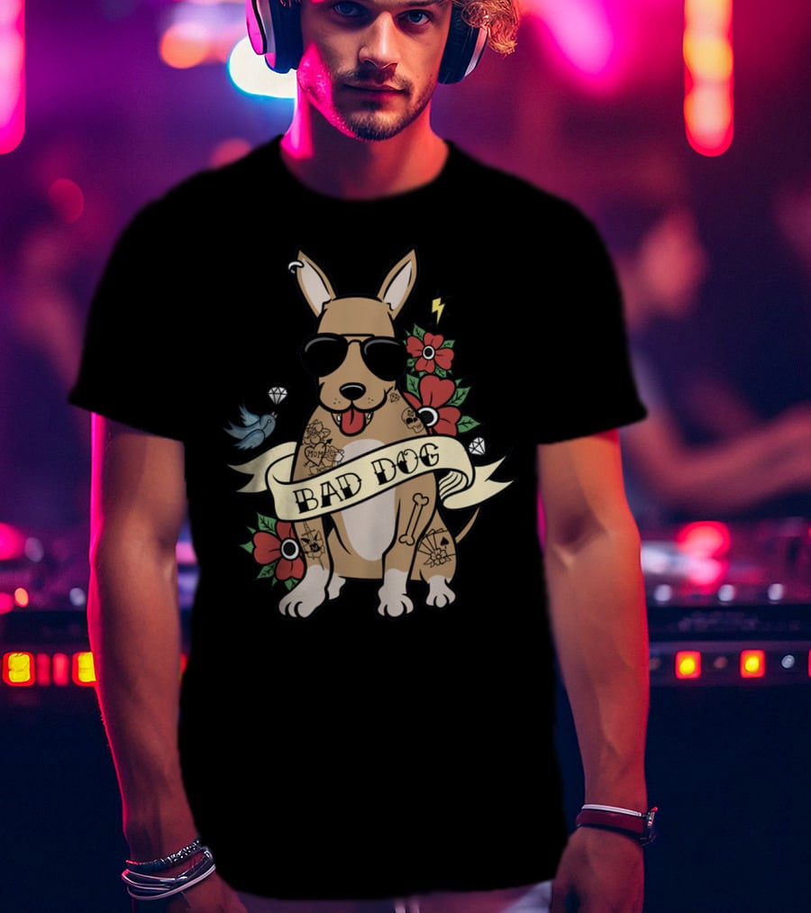 Chihuahua Bad Dog Tattoo Style With Sunglasses Flowers And Bird T-Shirt
