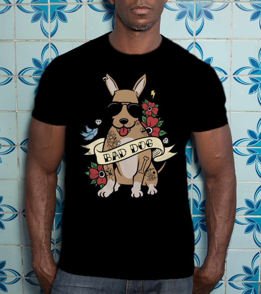 Chihuahua Bad Dog Tattoo Style With Sunglasses Flowers And Bird T-Shirt