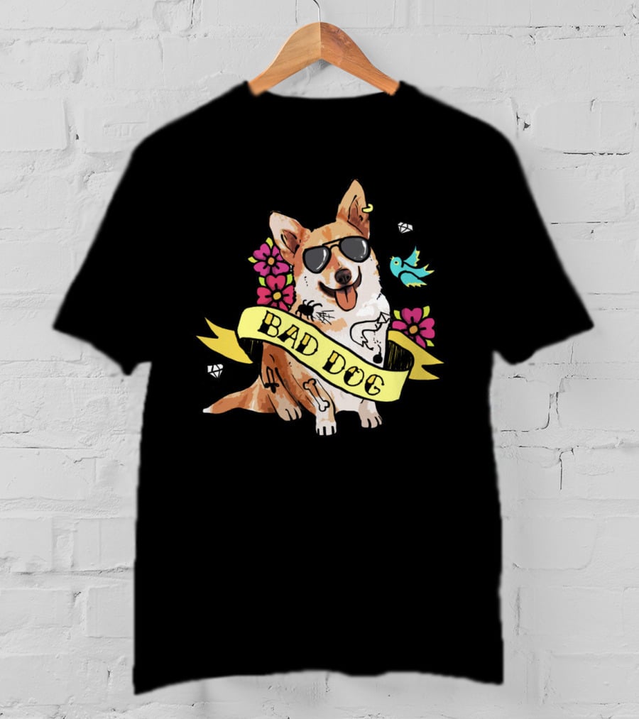 Bad Dog Corgi With Sunglasses And Flowers T-Shirt