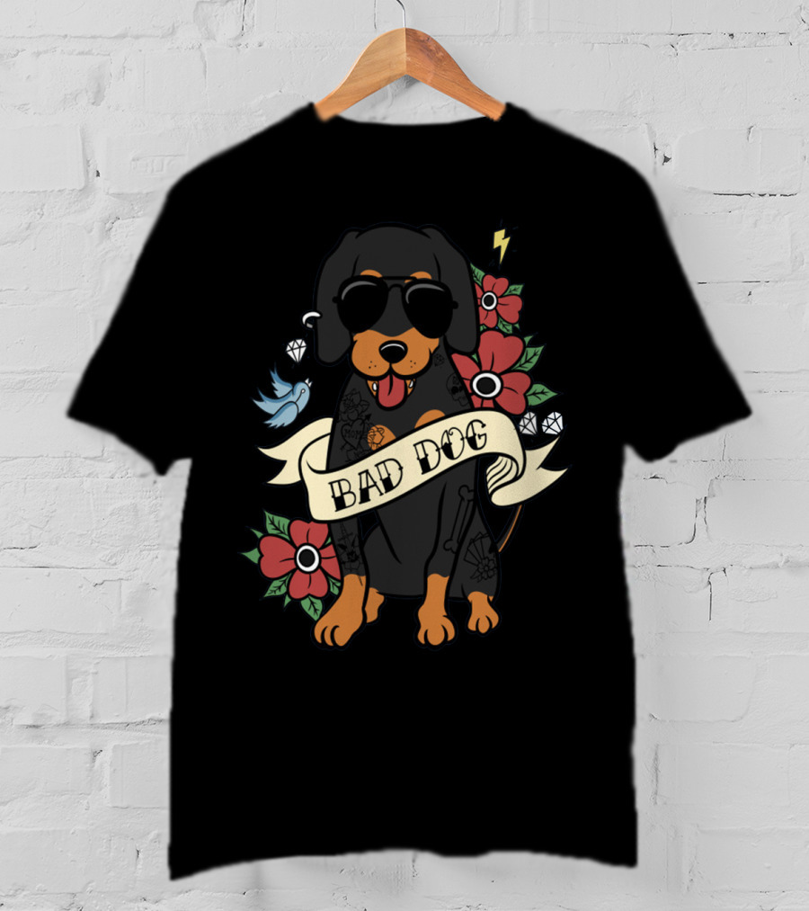 Bad Dog Cool Dachshund With Sunglasses And Tattoos Surrounded By Flowers And Lightning T-Shirt