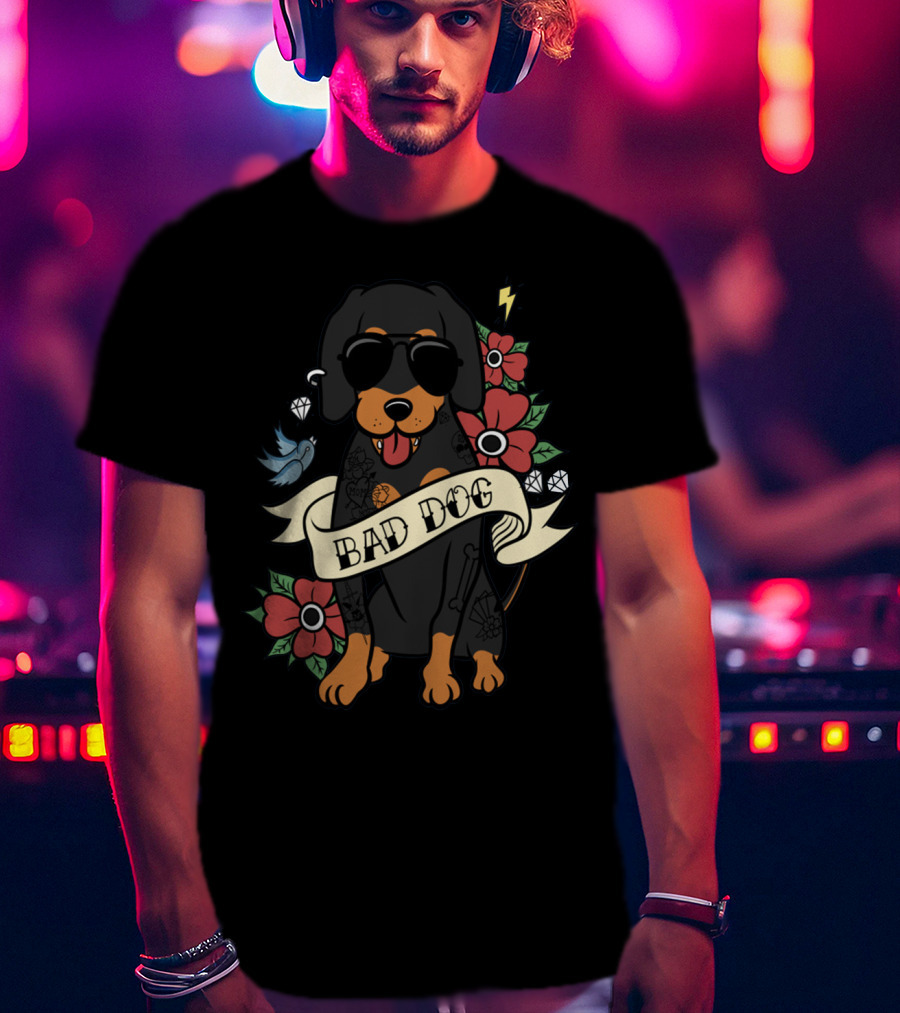 Bad Dog Cool Dachshund With Sunglasses And Tattoos Surrounded By Flowers And Lightning T-Shirt