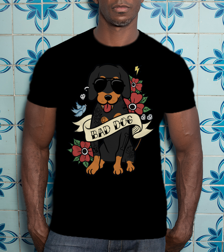 Bad Dog Cool Dachshund With Sunglasses And Tattoos Surrounded By Flowers And Lightning T-Shirt