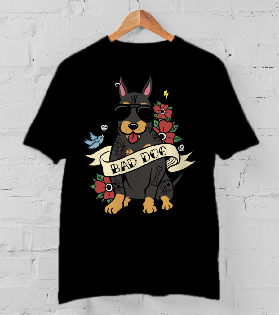 Bad Dog Doberman With Sunglasses And Tattoos Surrounded By Flowers And Bird Icons T-Shirt