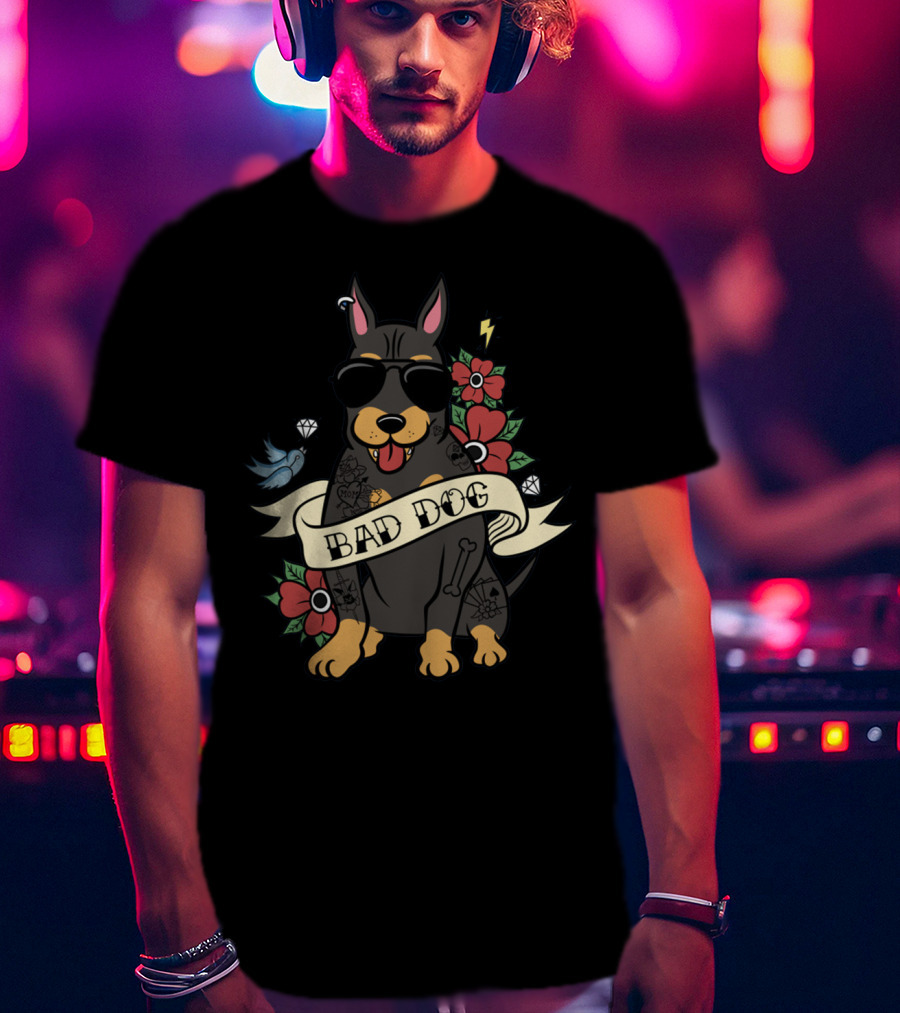 Bad Dog Doberman With Sunglasses And Tattoos Surrounded By Flowers And Bird Icons T-Shirt