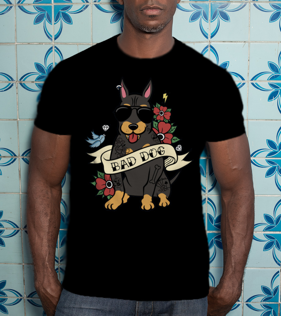 Bad Dog Doberman With Sunglasses And Tattoos Surrounded By Flowers And Bird Icons T-Shirt