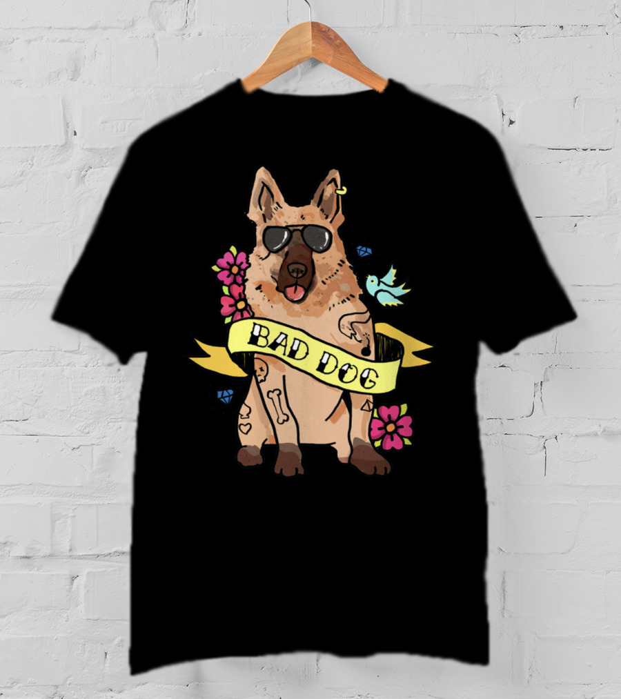 German Shepherd Bad Dog Cool Sunglasses Tattoo Style Flowers And Bird Banner T-Shirt