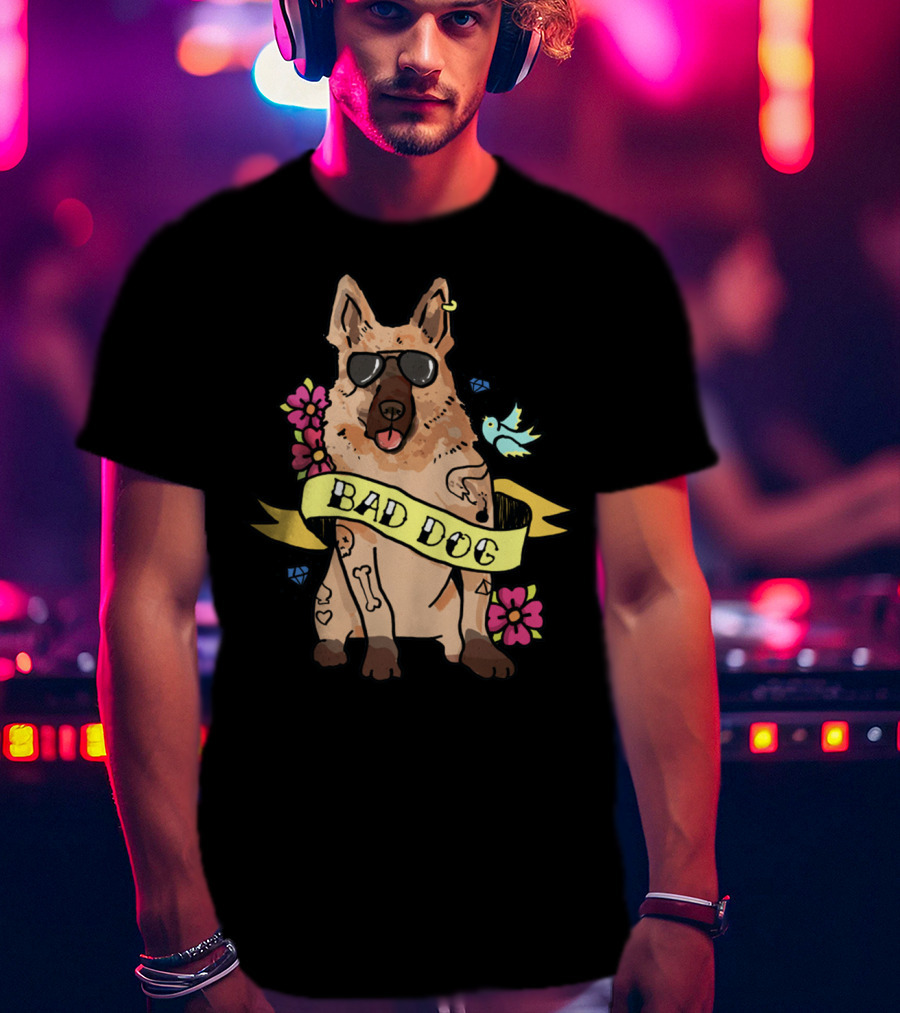 German Shepherd Bad Dog Cool Sunglasses Tattoo Style Flowers And Bird Banner T-Shirt