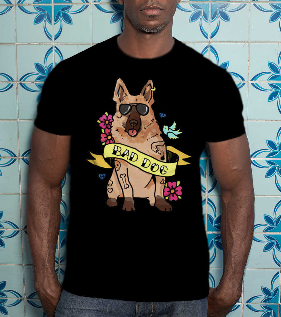 German Shepherd Bad Dog Cool Sunglasses Tattoo Style Flowers And Bird Banner T-Shirt