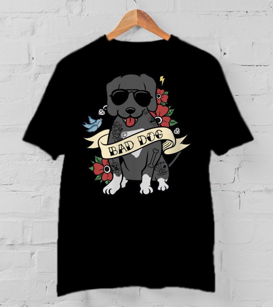 Great Dane Bad Dog Sunglasses Tattoo Flowers Bird Cartoon T-Shirt