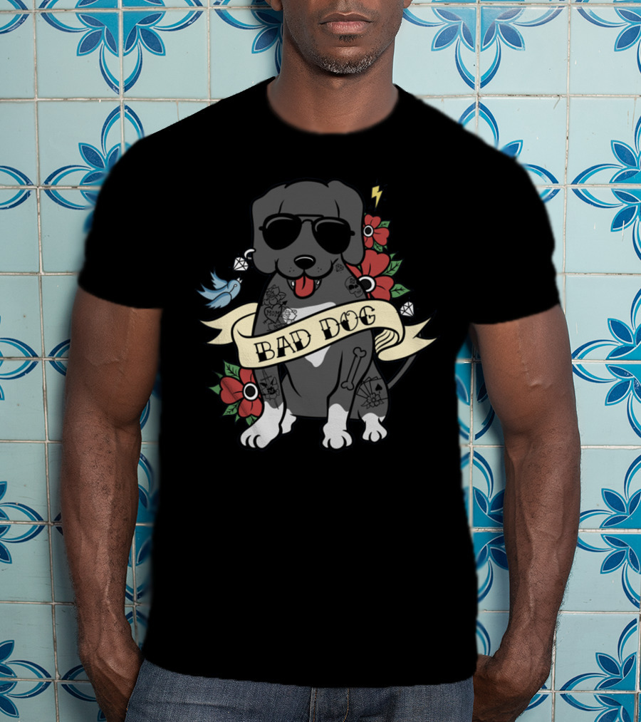 Great Dane Bad Dog Sunglasses Tattoo Flowers Bird Cartoon T-Shirt