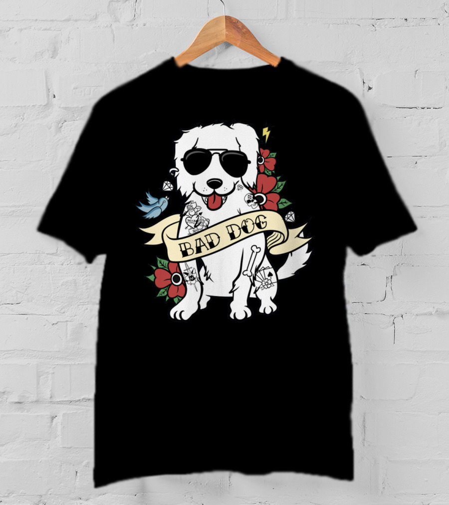 Great Pyrenees Bad Dog With Sunglasses And Tattoo Style Flowers T-Shirt