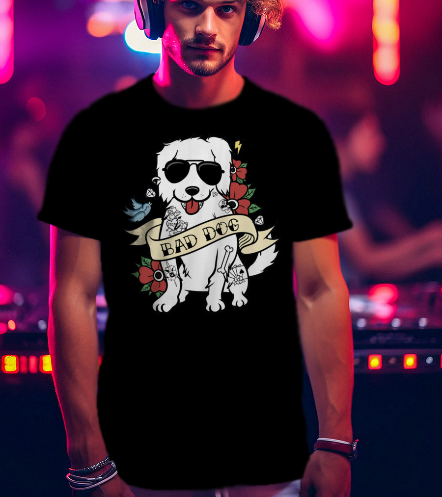 Great Pyrenees Bad Dog With Sunglasses And Tattoo Style Flowers T-Shirt