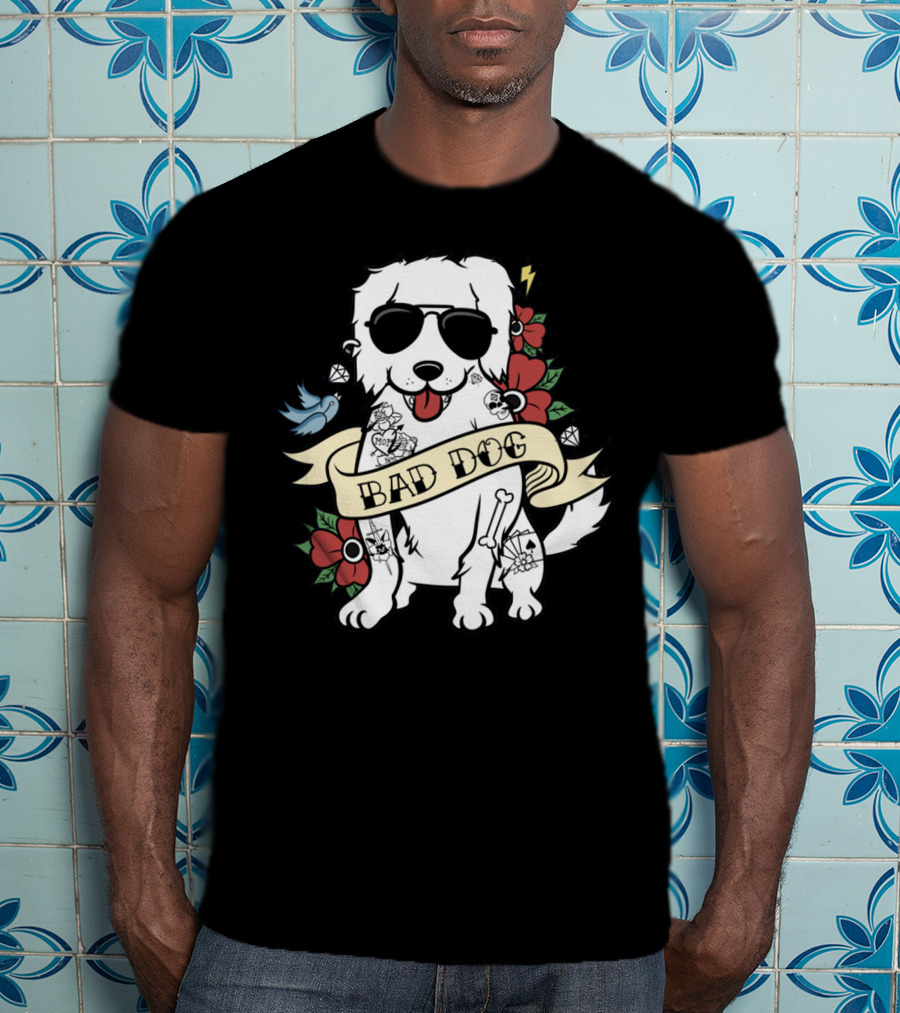 Great Pyrenees Bad Dog With Sunglasses And Tattoo Style Flowers T-Shirt