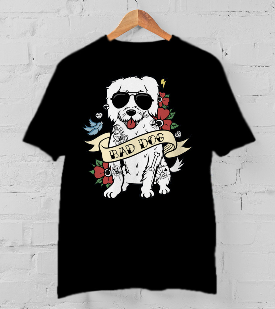 Maltese Bad Dog With Sunglasses And Tattoo Style Surrounded By Flowers And Diamonds T-Shirt