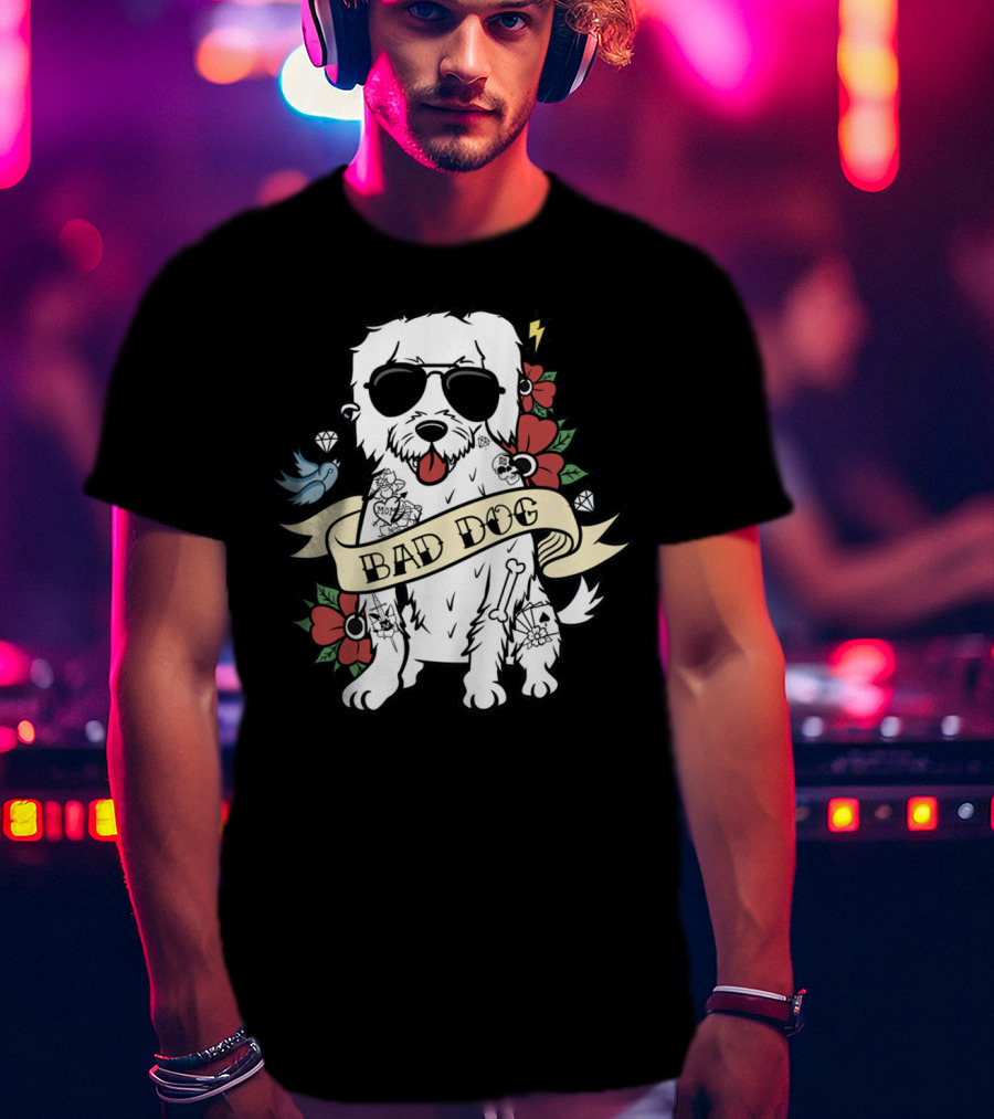 Maltese Bad Dog With Sunglasses And Tattoo Style Surrounded By Flowers And Diamonds T-Shirt