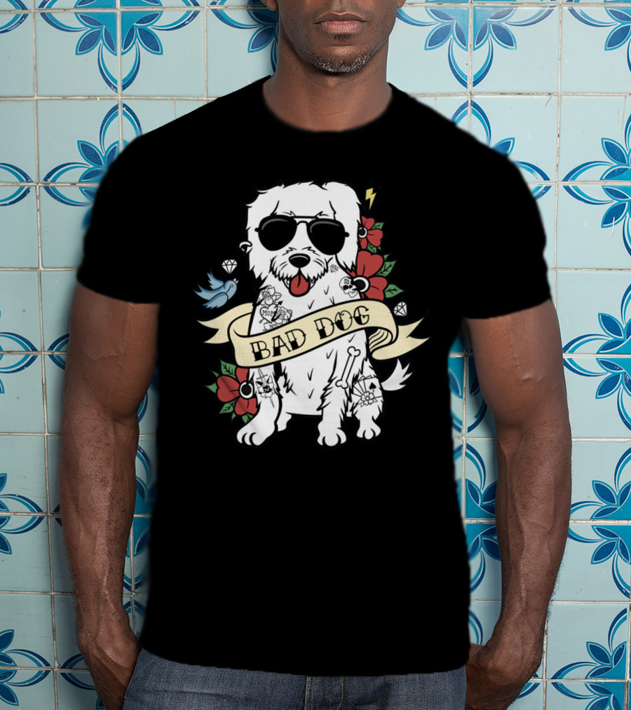 Maltese Bad Dog With Sunglasses And Tattoo Style Surrounded By Flowers And Diamonds T-Shirt