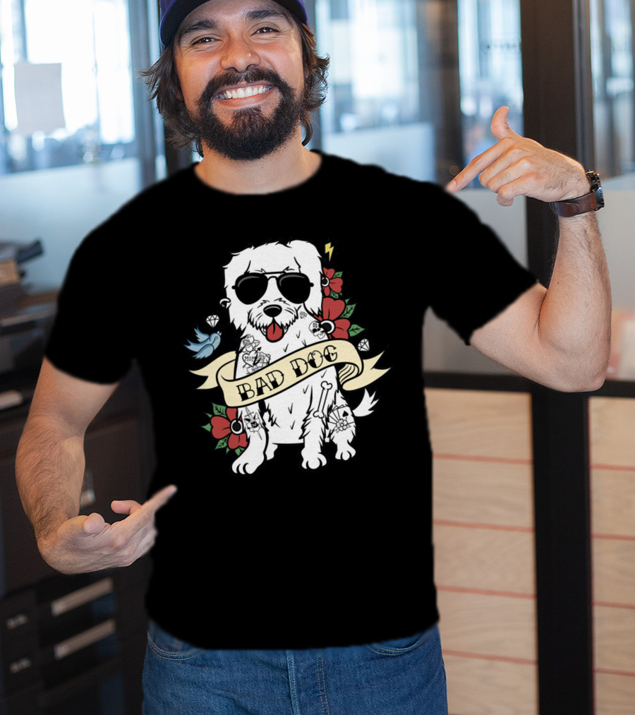 Maltese Bad Dog With Sunglasses And Tattoo Style Surrounded By Flowers And Diamonds T-Shirt