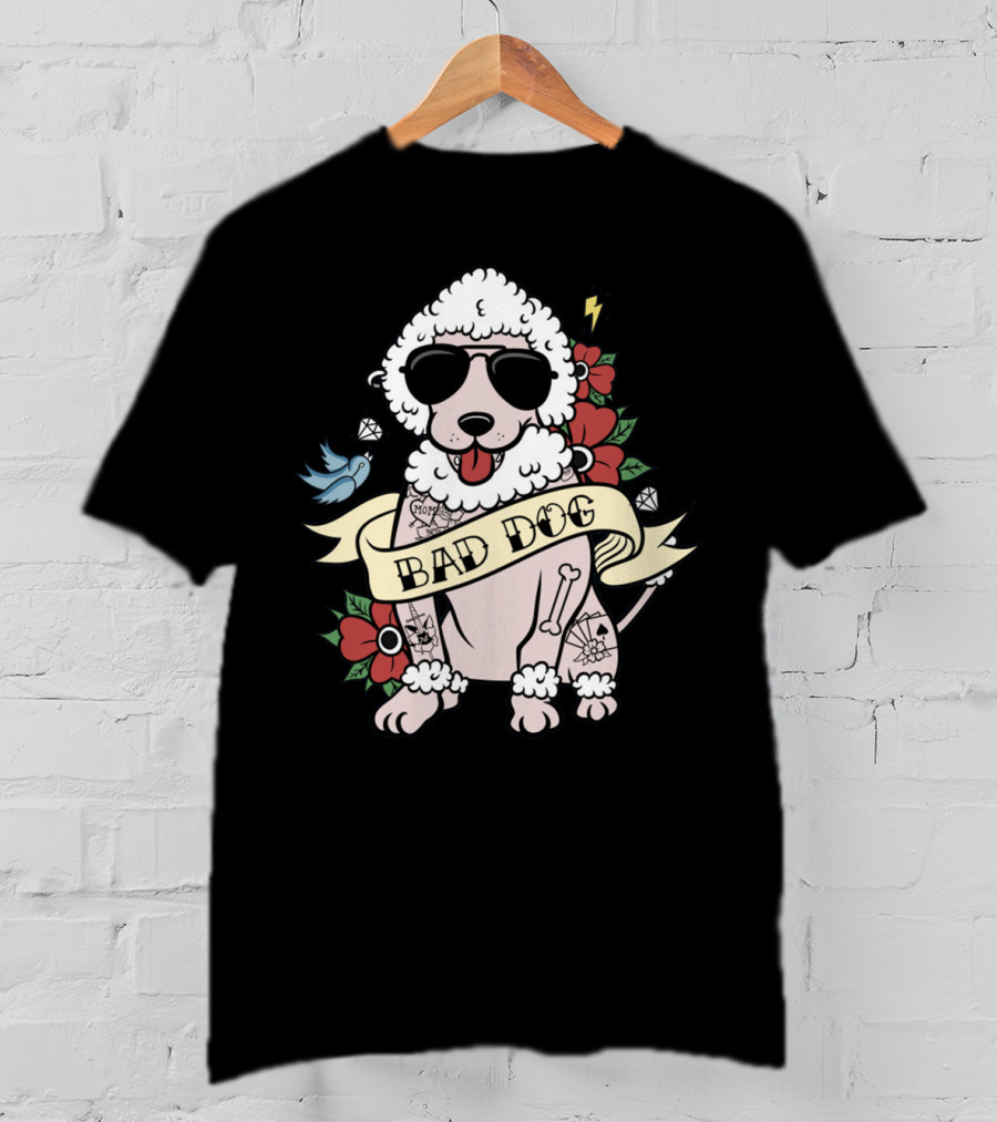 Poodle Bad Dog Wearing Sunglasses Tattoo Style With Lightning Flowers And Blue Bird T-Shirt