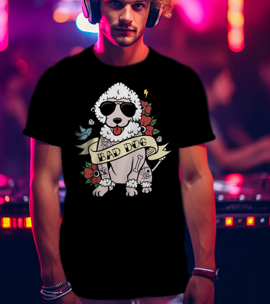 Poodle Bad Dog Wearing Sunglasses Tattoo Style With Lightning Flowers And Blue Bird T-Shirt