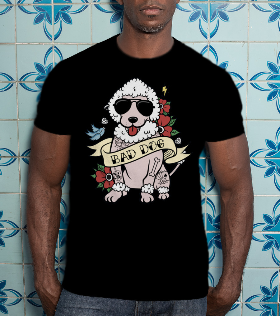 Poodle Bad Dog Wearing Sunglasses Tattoo Style With Lightning Flowers And Blue Bird T-Shirt