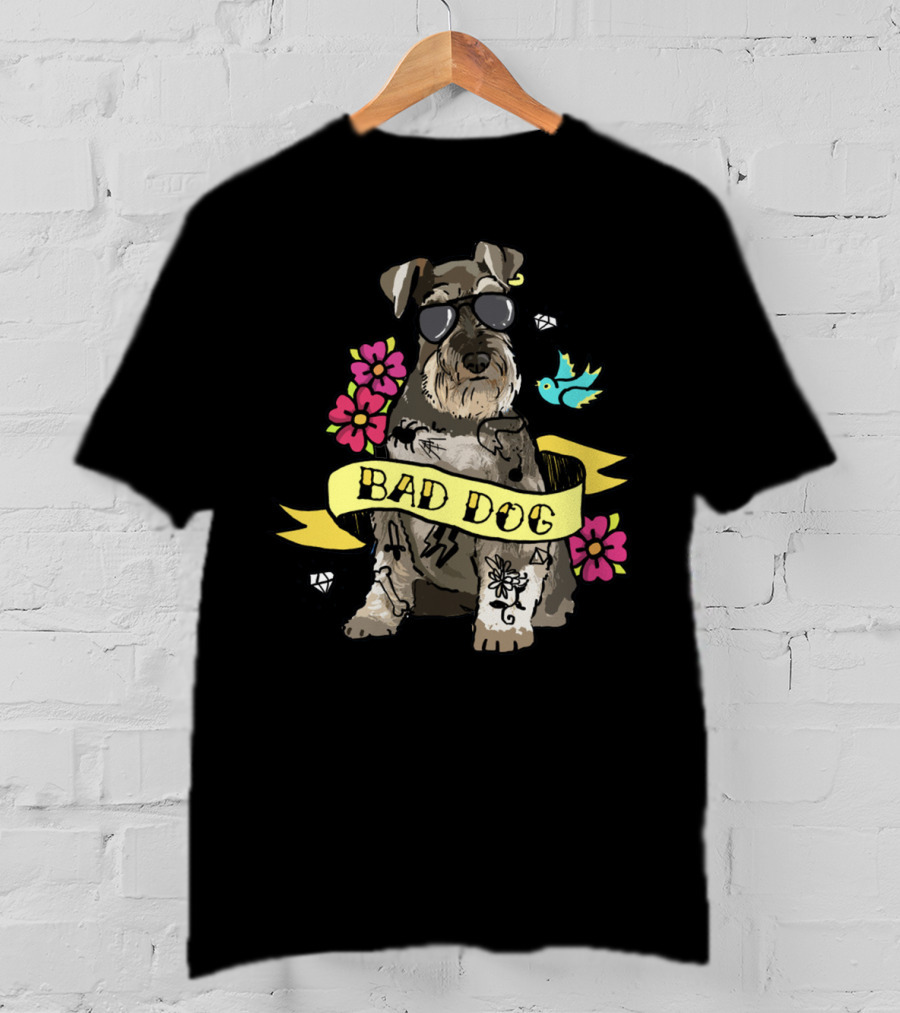 Schnauzer Bad Dog Tattoo Style With Flowers And Bird T-Shirt