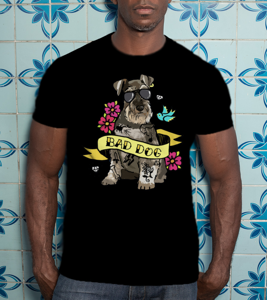 Schnauzer Bad Dog Tattoo Style With Flowers And Bird T-Shirt