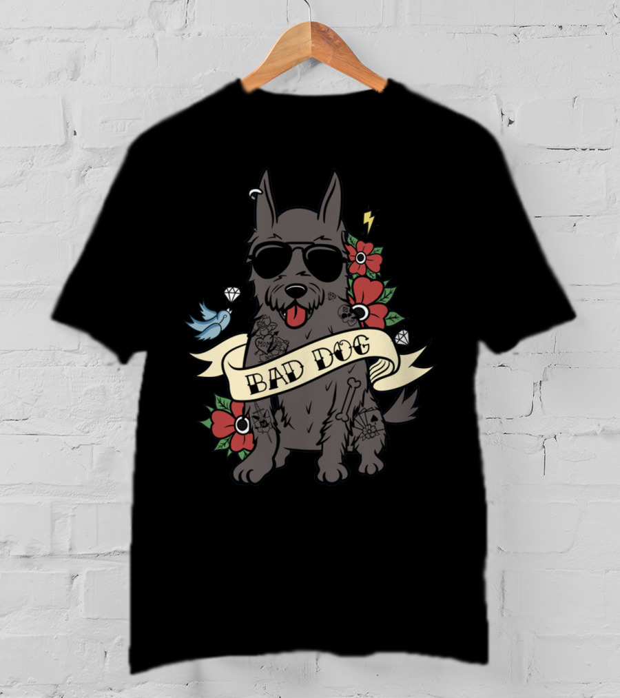 SCOTTIE BAD DOG Sunglasses Tattoo Diamond Red Flower Blue Bird Lightning T-Shirt