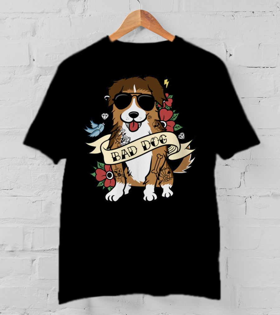 Sheltie Bad Dog Tattoo Style Sunglasses Flowers Diamonds Bone T-Shirt