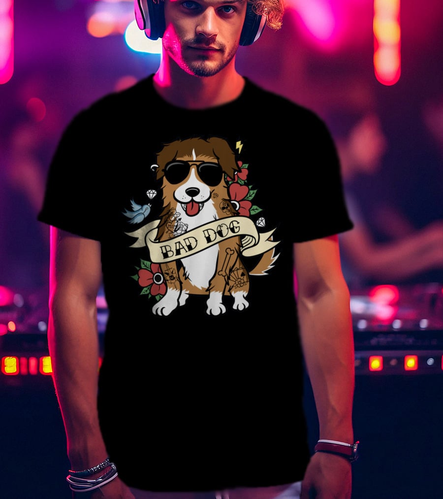 Sheltie Bad Dog Tattoo Style Sunglasses Flowers Diamonds Bone T-Shirt