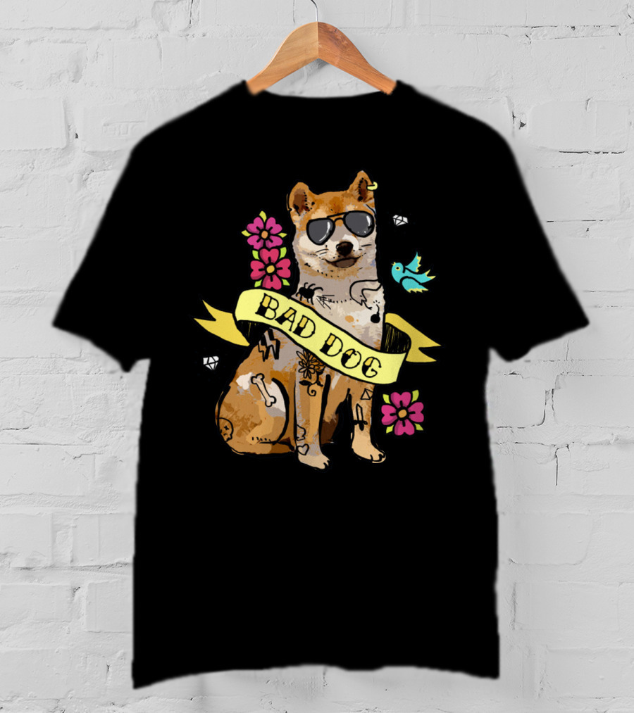 Shiba Inu Bad Dog With Sunglasses And Tattoos Ribbon Art Flowers Bird Diamond T-Shirt