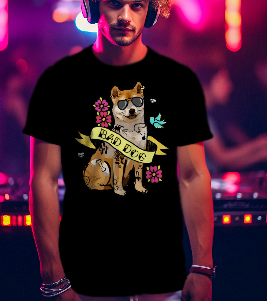 Shiba Inu Bad Dog With Sunglasses And Tattoos Ribbon Art Flowers Bird Diamond T-Shirt