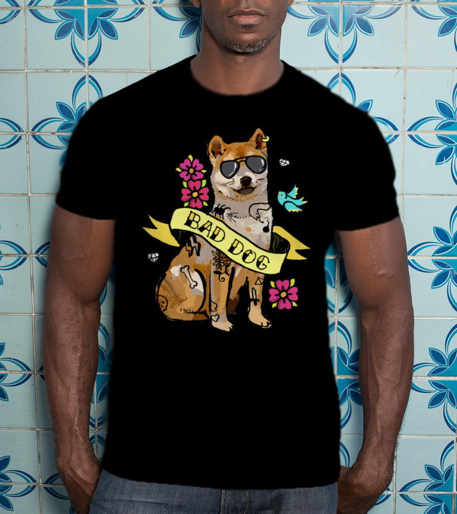 Shiba Inu Bad Dog With Sunglasses And Tattoos Ribbon Art Flowers Bird Diamond T-Shirt