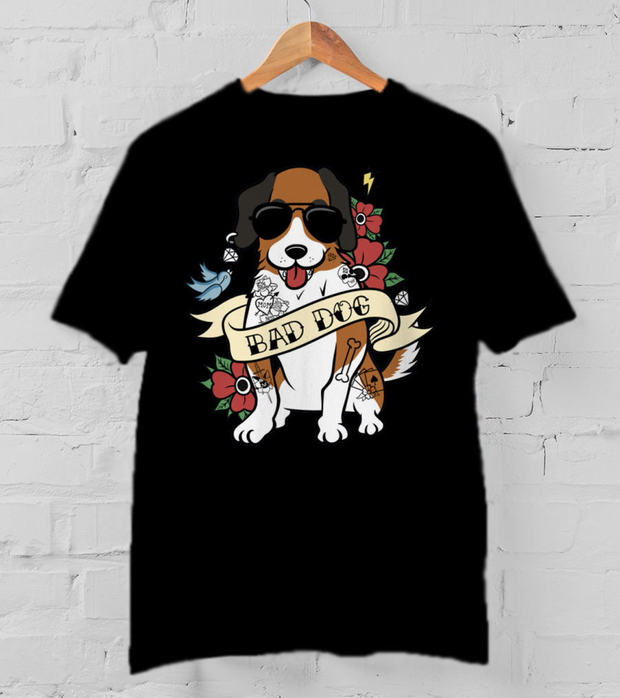 St Bernard Bad Dog Sunglasses Tattoo Flowers Bird Lightning Jewelry T-Shirt