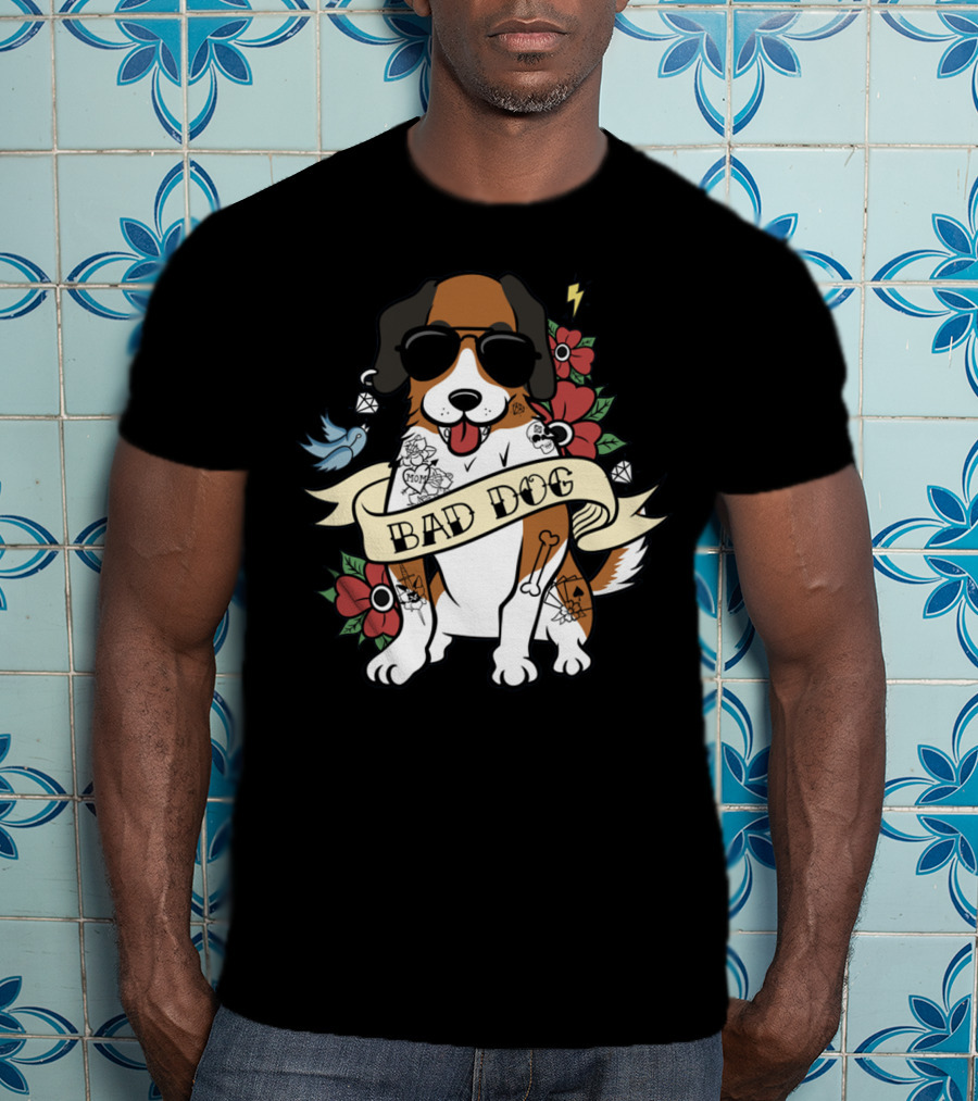 St Bernard Bad Dog Sunglasses Tattoo Flowers Bird Lightning Jewelry T-Shirt