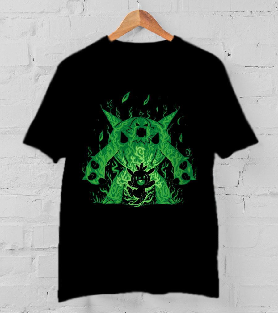 Pokemon Evolution Chesnaught Chespin Silhouette Glowing Green Flames T-Shirt