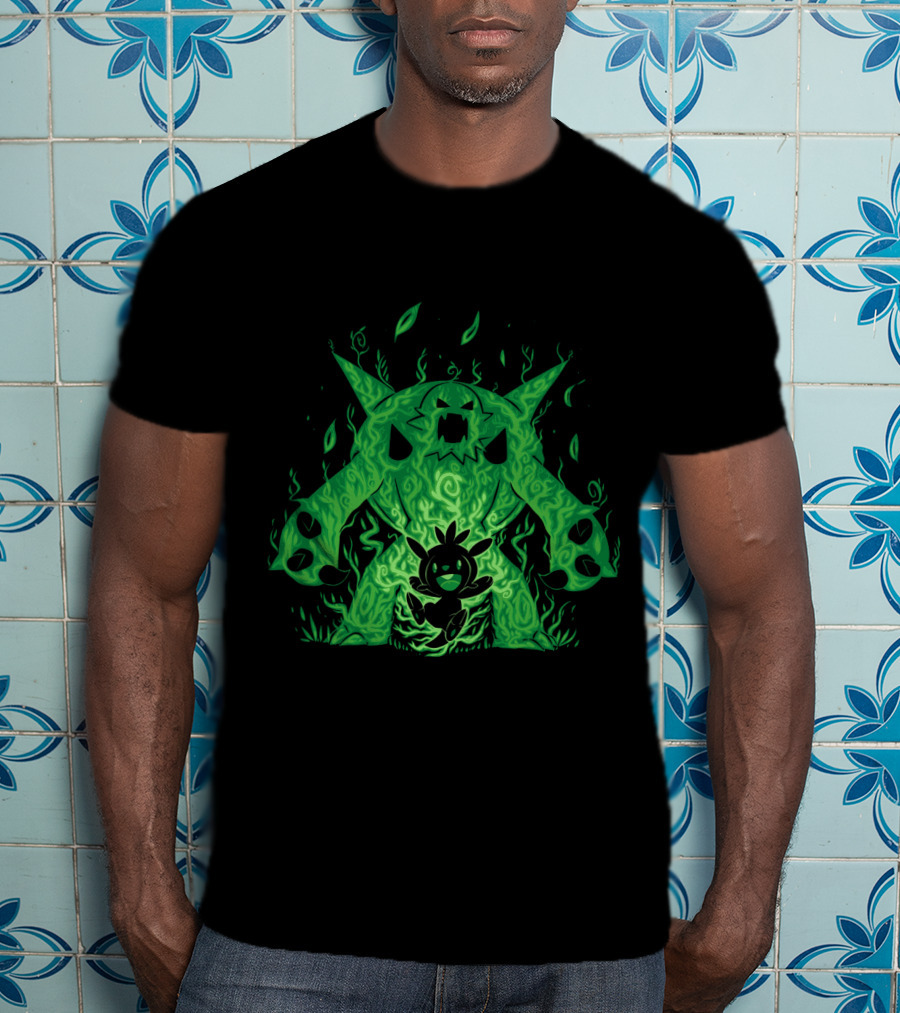 Pokemon Evolution Chesnaught Chespin Silhouette Glowing Green Flames T-Shirt